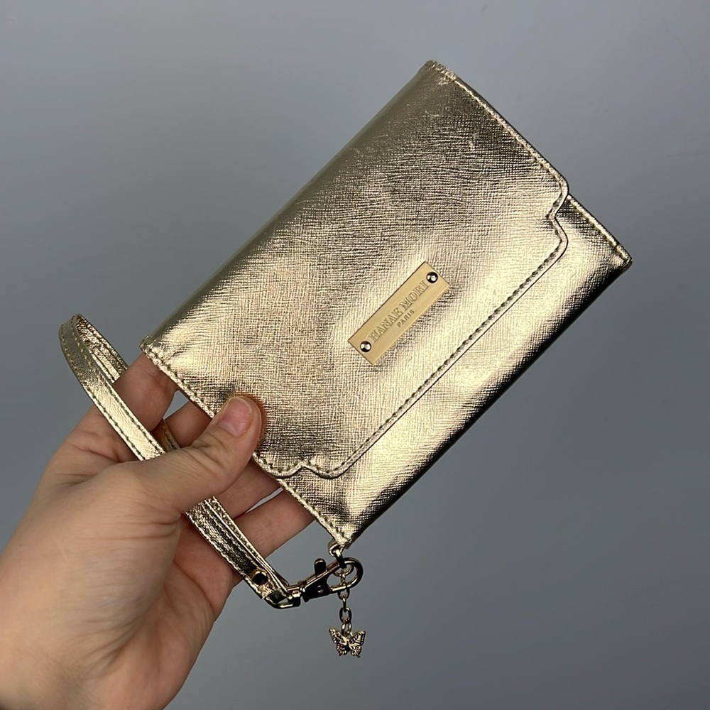 Hanae Mori Paris gold tone women’s zippered wristlet